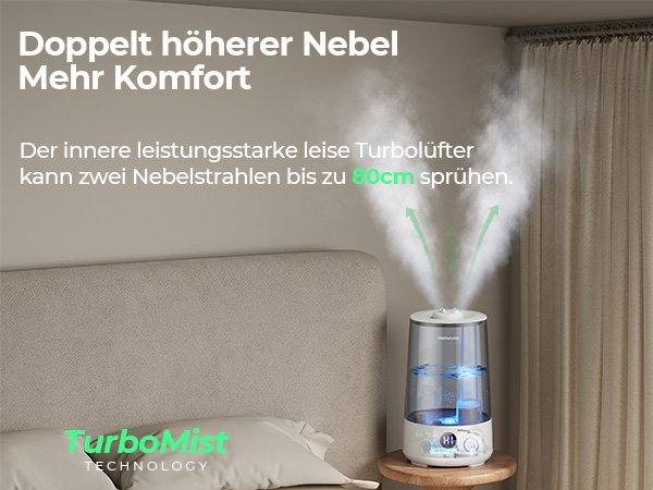 Humidifier with two mist outputs, emitting visible vapor. Device has a clear water tank and blue light, positioned on a wooden surface.