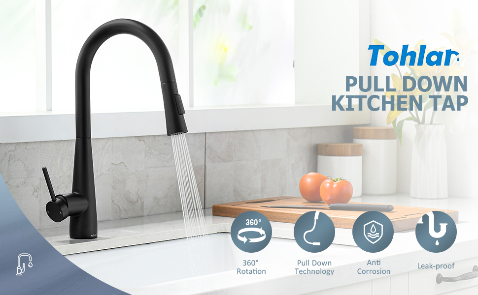 Tohlar Low Pressure Kitchen Tap, Black, Kitchen Tap with PullOut