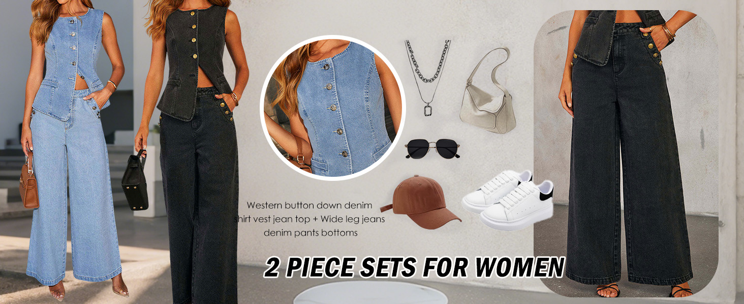 Women 2 Piece Denim Set Jean Vest Denim Y2k Wide Leg Jeans Outfits