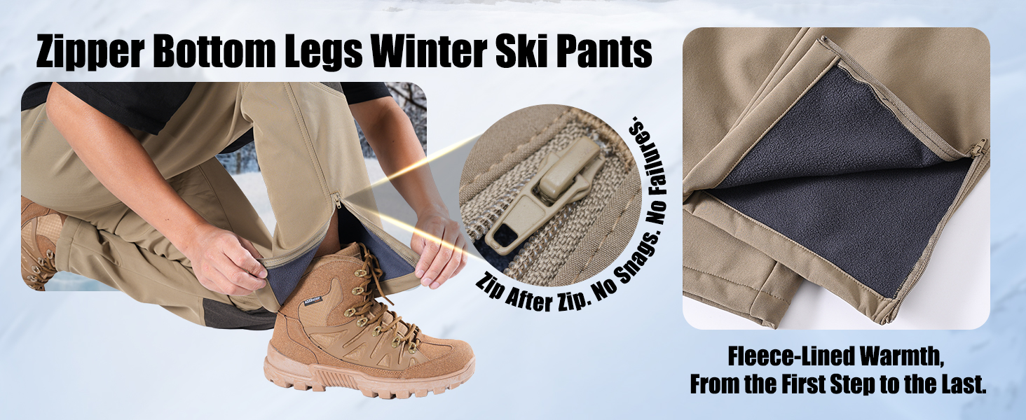 Snow Ski Softshell Waterproof Snowboard Winter Hiking Cargo Pants Fleece Lined Zipper Bottom Leg