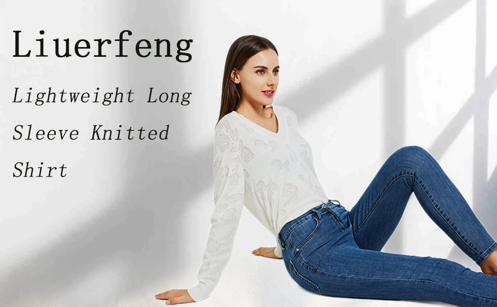Long Sleeve Shirts Lightweight Sweaters for Women V Neck Knit Tops