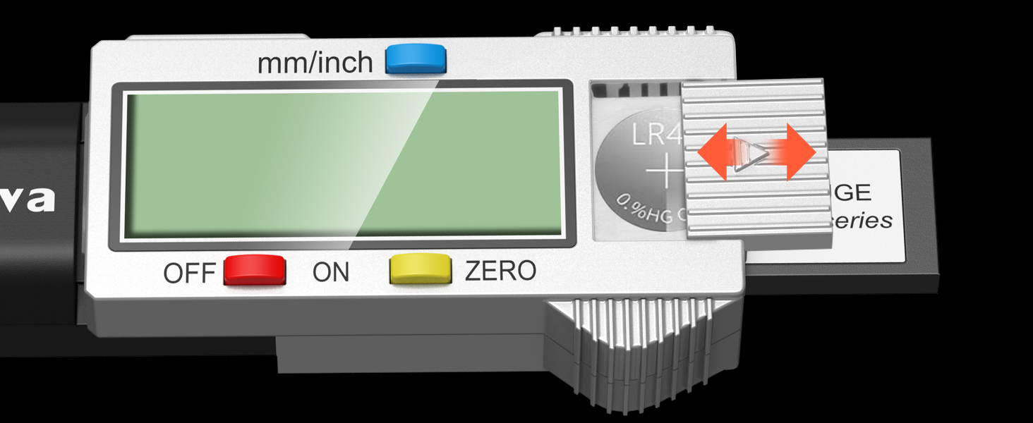 Close-up of a digital measuring device with LCD screen. It has mm/inch switch, ON/OFF buttons, and ZERO function. The display shows a blank reading.