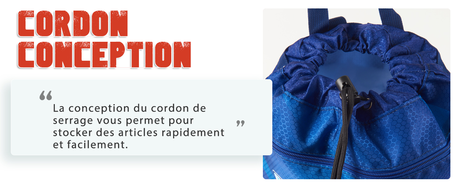 Cordon de rangement à cordon ou organiseur de câbles bleu, avec un texte en français décrivant la fonctionnalité de rangement du cordon. Dispose d'un motif en tissu froncé.