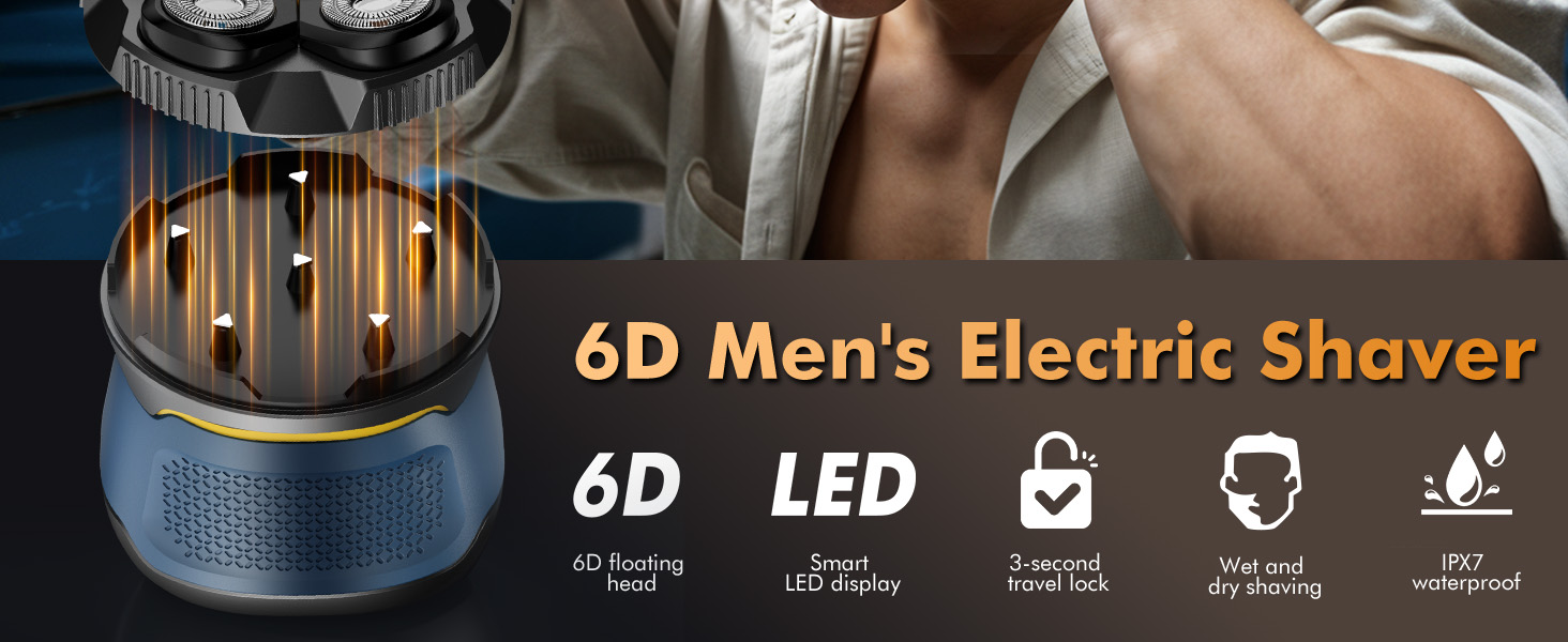 6D electric shaver with LED display, featuring multiple cutting heads and waterproof design, shown with technical specification icons.