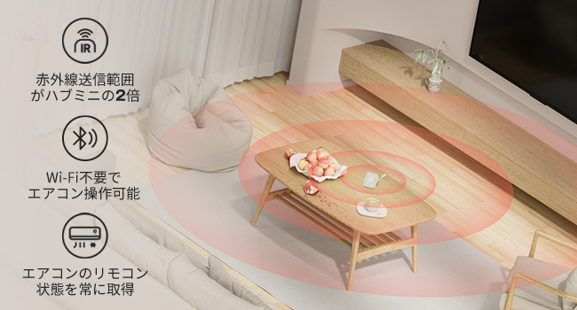 部屋の隅々まで安定通信、エアコンのリモコン状態を常時取得