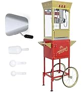 12 Oz Popcorn Machine with Cart and Wheels - Stainless Steel Kettle, Heated Deck, Old Maids Drawe...