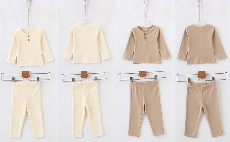 Two sets of beige and khaki baby ribbed tops and trousers sets