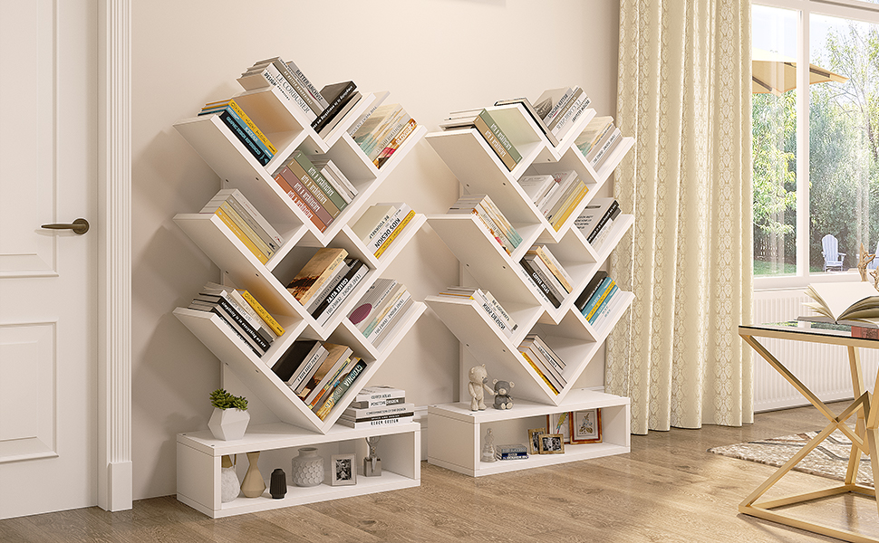 YITAHOME Tree Bookshelf, Floor Standing Bookcase with Wooden Drawer Industrial Shelving Units