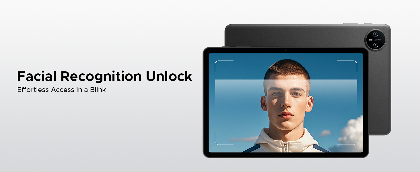 Black tablet device displaying facial recognition unlock feature with security interface on screen. Device shown from front and side angles.