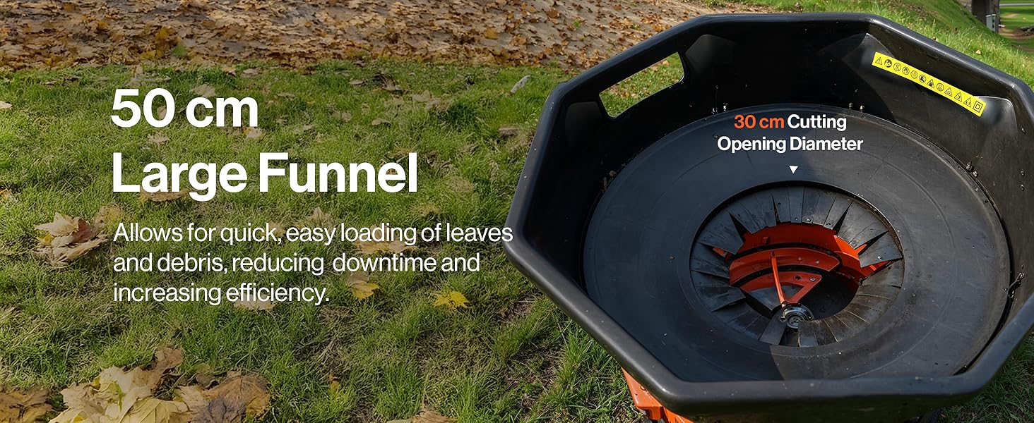 Text reads '50 cm' and 'Large Funnel'. Multiple views of a black circular funnel device with measurement markings and center mechanism.
