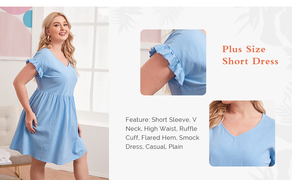 Milumia Women Plus Size V Neck Short Sleeve Short Dress High Waist Flared Smock Dress
