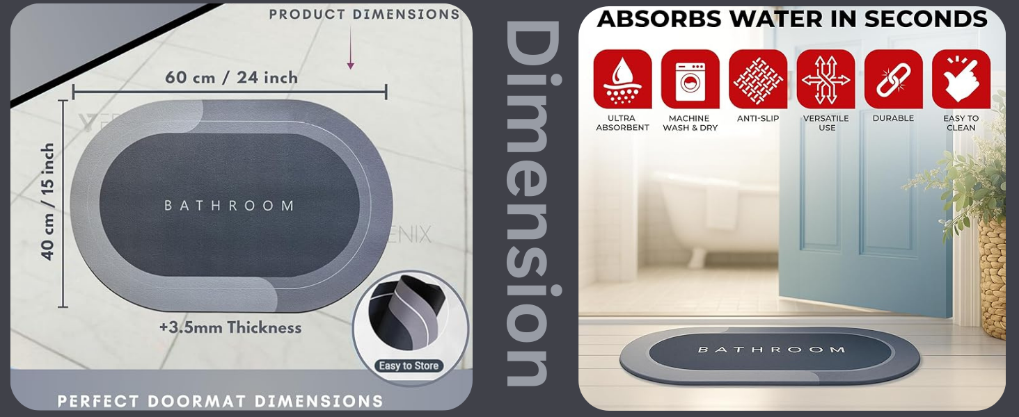 VERVENIX Doormat Bathroom Mat Rubber for Home Kitchen Washroom Office Rectangular Grey