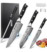 Professional kitchen knife set displayed against dark background. Multiple knives showing Damascus steel pattern blades, black handles, and various sizes for different cutting purposes. Some shown with fresh produce.
