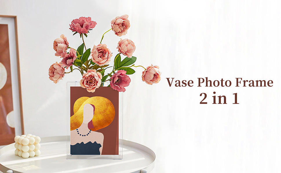 Flower vase with built-in magnetic frame for 5x7 photos, adding a decorative touch to any space