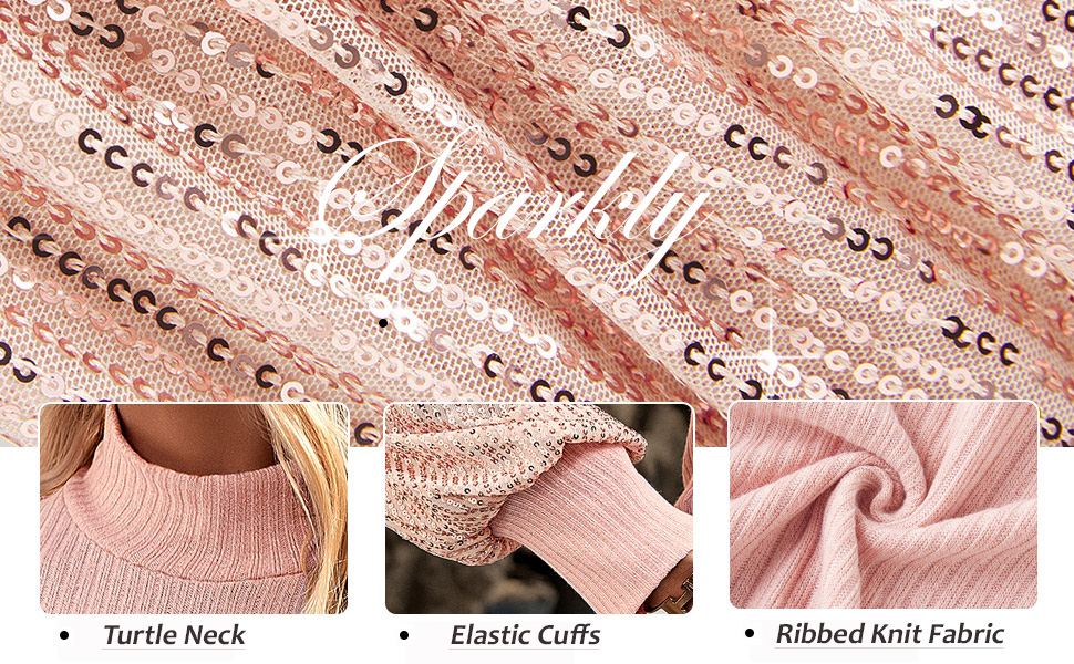 Women's Turtleneck Tops Puff Long Sleeve Shiny Sequins