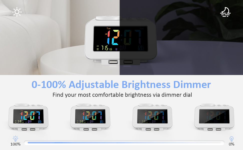 USCCE Digital Colorful Alarm Clock Radio 0100 Dimmer, Dual Alarm