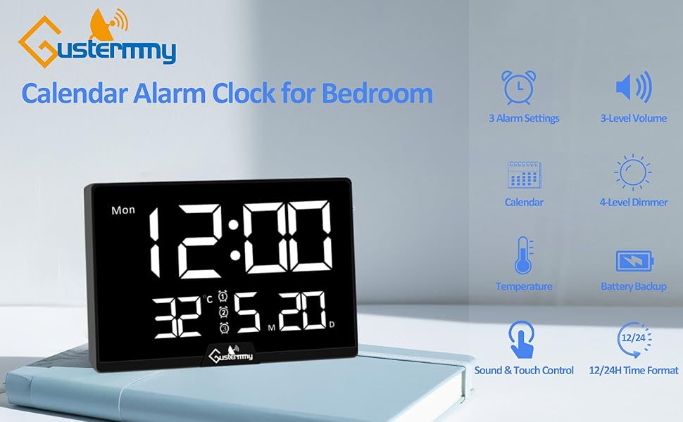 Digital Alarm Clock for Bedroom with Battery Backup,Large LED Dimmable