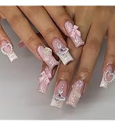 24pcs Long Square Press on Nails French Tip Fake Nails 3D Bow Heart Pearls Planet Charms Rhinesto...