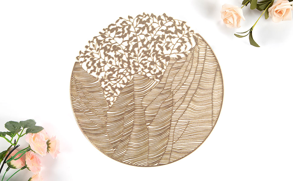 Crisjanggo Round Vinyl Placemats Set of 6 Gold Leaf Table Mats 6pcs Indoor Outdoor