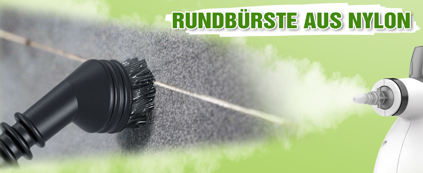Nylon-Rundbürstenaufsatz für Reinigungsgerät Schwarzer Bürstenkopf mit Borsten, wie sie in Gebrauch sind. Sprühnebel auf eine strukturierte Oberfläche. Der Text identifiziert es als „Rundbürste aus Nylon“