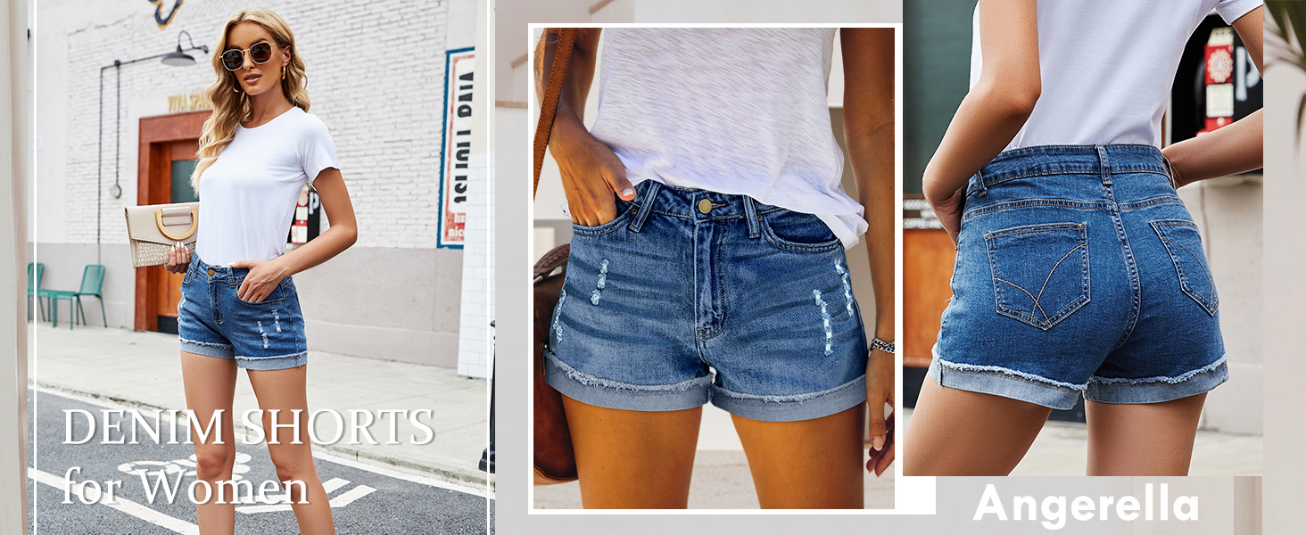 Blue jean shorts for women ripped ;Classic blue shorts / light blue jeans shorts