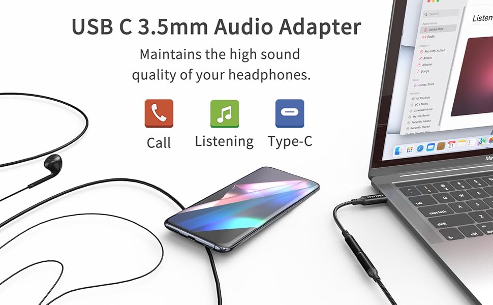 USB C to 3.5mm Audio Adapter, USB C Headphone Adapter, USB Type C to Aux Female