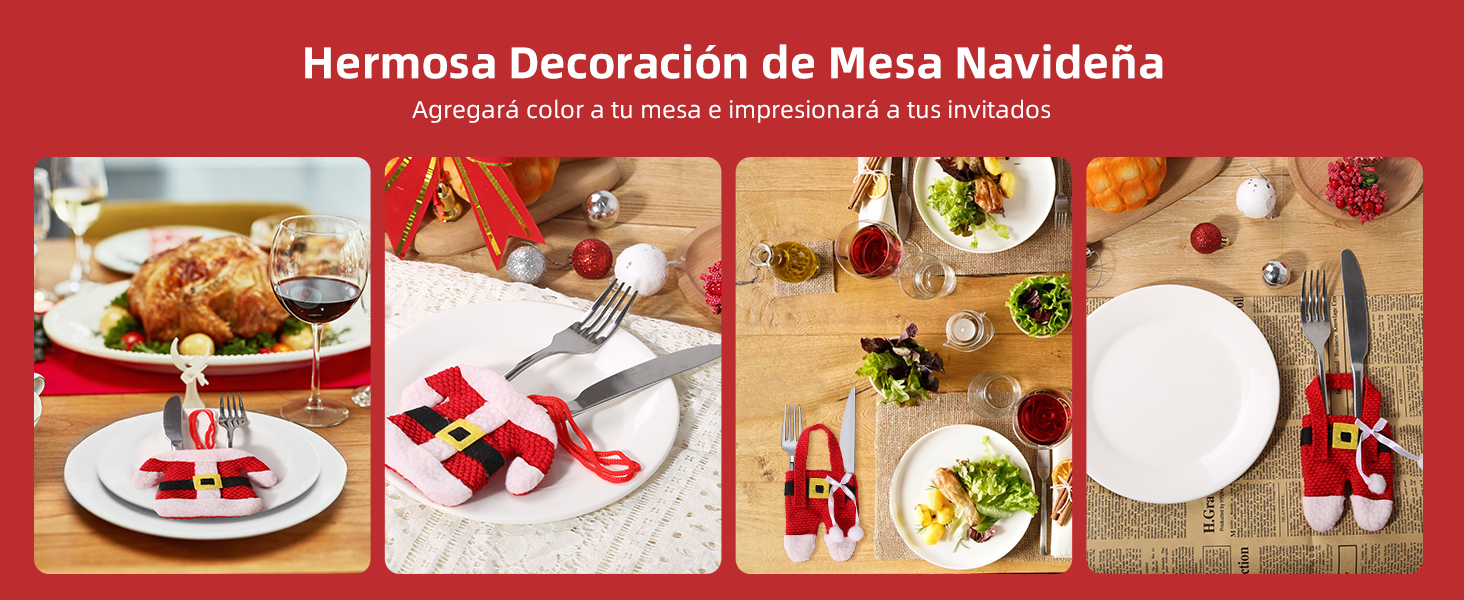 Collage de mesas navideñas con el título 'Hermosa Decoración de Mesa Navideña'. Incluye platos festivos, cubiertos y decoraciones con temas