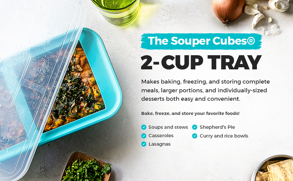 Souper Cubes 2Cup ExtraLarge Silicone Freezer Tray with lid 2 Pack