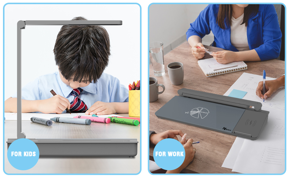 Glass Desktop Whiteboard with Lamp and Wireless Charging