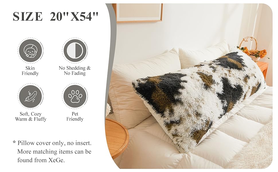 XeGe Long Fluffy Body Pillow Cover, Cow Print Faux Fur Bolster Pillow