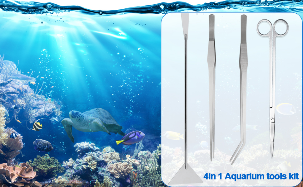 Geteiltes Bild: Unterwasserszene mit Fischen und Korallen; Set aus vier Edelstahl-Aquarienwerkzeugen mit der Aufschrift „4in1 Aquarium tools kit“.