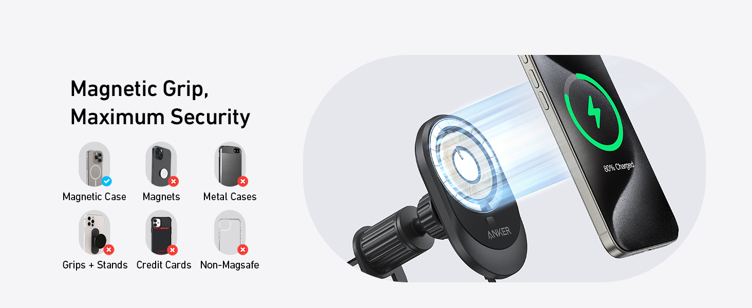 Magnetic phone car mount with wireless charging capability, showing product views and magnetic security features. Includes car charger unit with LED display.