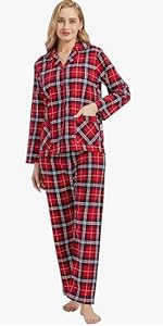 GLOBAL Schlafanzüge Damen Flanell | Baumwolle Damen Pyjama Set | Zweiteiliger Nachtwäsche Damen Pjs