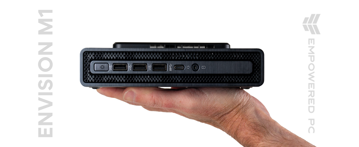 The Envision M1 mini PC is no longer than the palm of your hand. It's the perfect size for office.