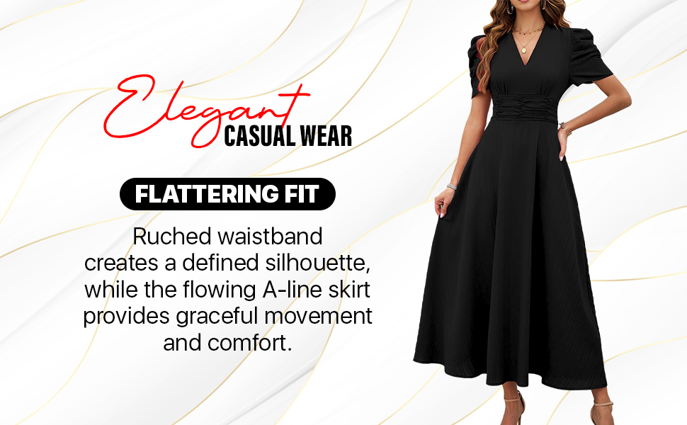 Women's V-Neck Maxi Dress, A-Line Style, Puff Sleeves, Cinched Waist
