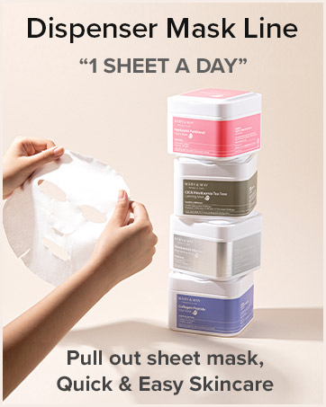 Stack of four colorful sheet mask dispensers with hands pulling out a white mask. Text reads '1 SHEET A DAY' and 'Pull out sheet mask, Quick & Easy Skincare'.