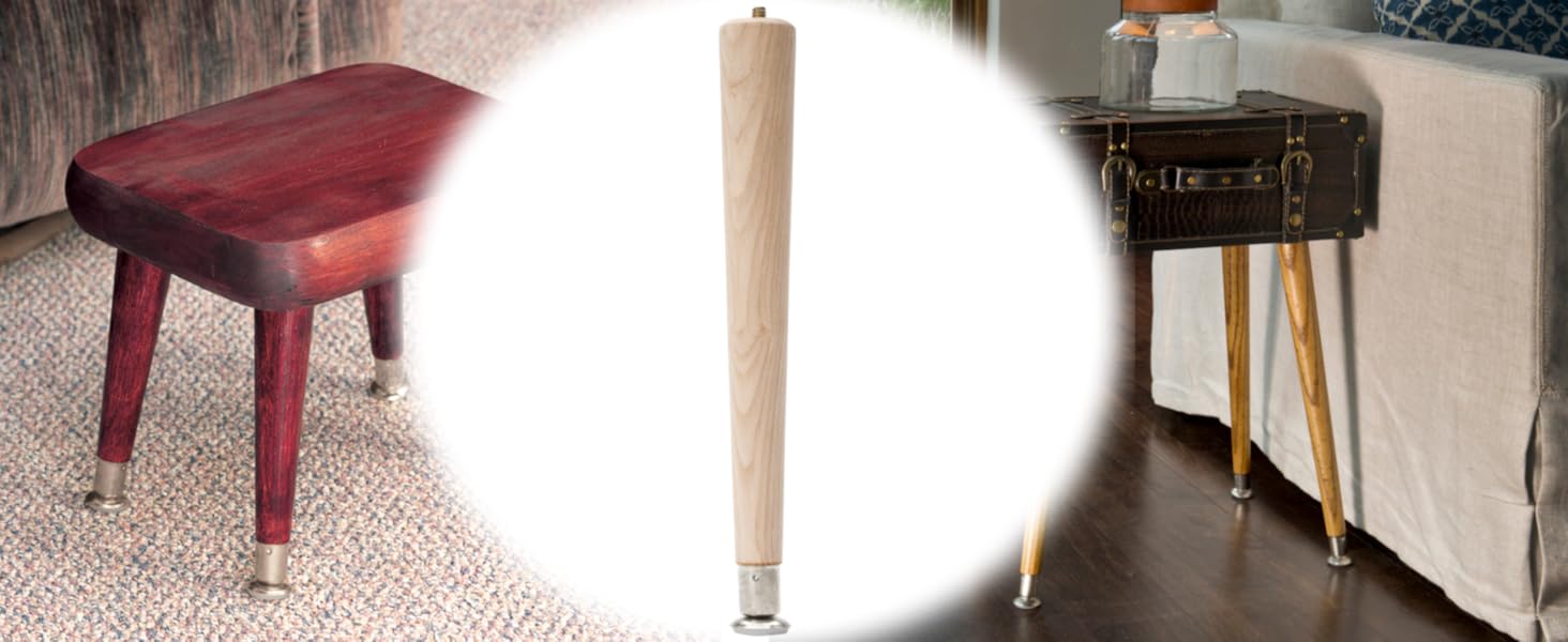 unfinished round taper leg in center with finished taper leg on either side