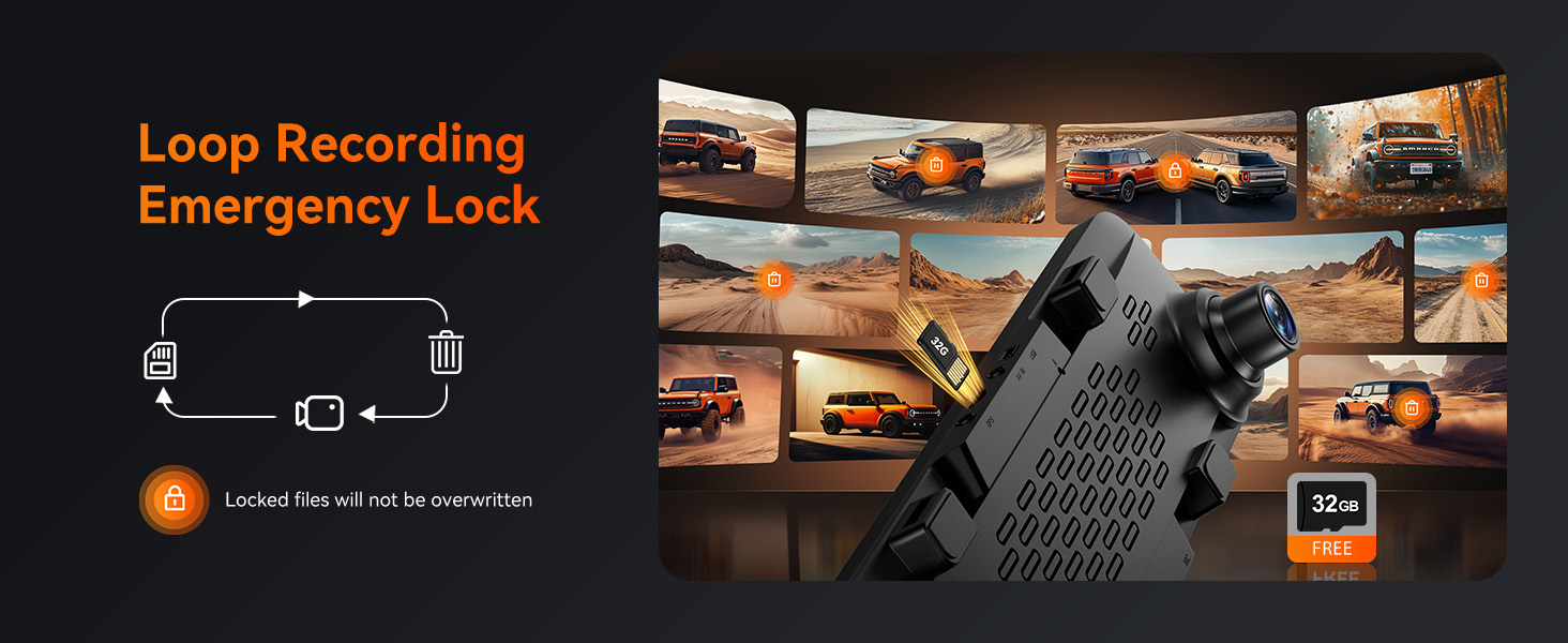 Text reads 'Loop Recording Emergency Lock'. Security camera interface showing multiple video feeds with a black device featuring textured grip pattern and LED indicator.