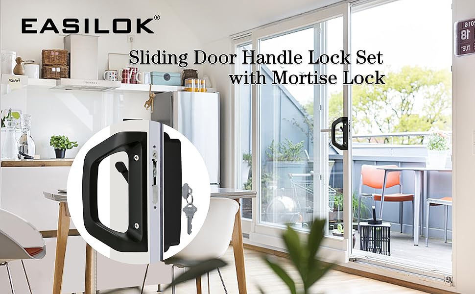 EASILOK Sliding Door Handle Set with Key Cylinder & Mortise Lock, Patio
