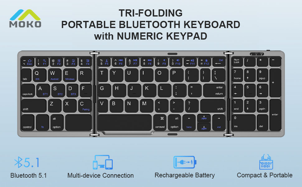 trifold portable bluetooth keyboard with numeric keypad