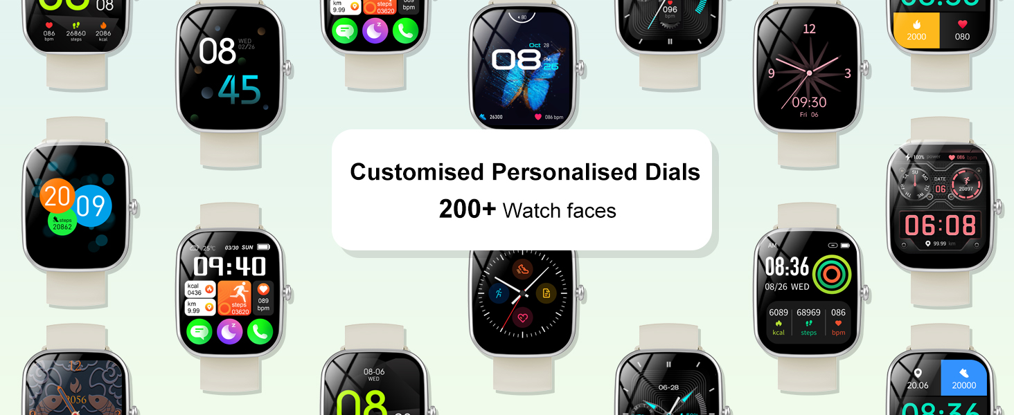 다양한 디지털 인터페이스를 보여주는 스마트 시계 모드 디자인 컬렉션으로, 다양한 스타일과 컴플리케이션을 갖춘 200개 이상의 사용자 정의 가능한 시계 모드를 제공합니다.