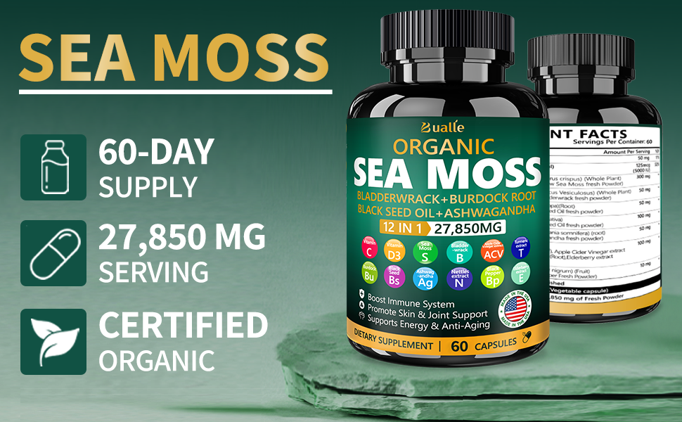 Amazon.com: Bualle Organic Sea Moss Capsules 27,850mg with Sea Moss - How Many Sea Moss Capsules To Take Daily