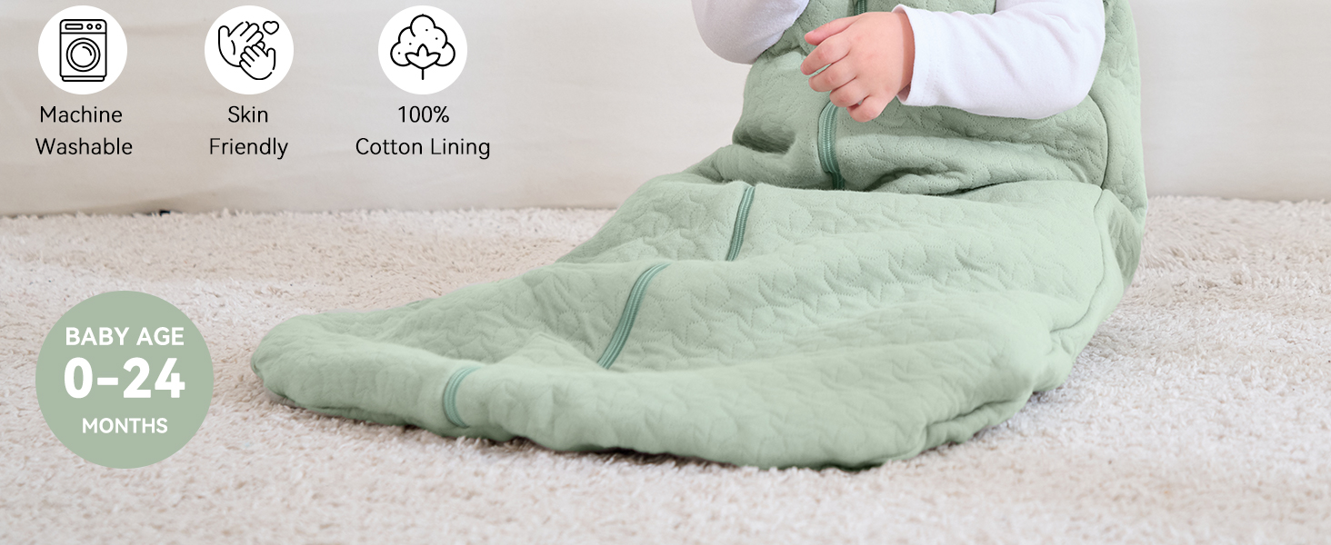 Mintgrüner Babyschlafsack mit maschinenwaschbaren, hautfreundlichen Eigenschaften und Innenfutter aus 100% Baumwolle. Geeignet für Kinder im Alter von 0 bis 24 Monaten