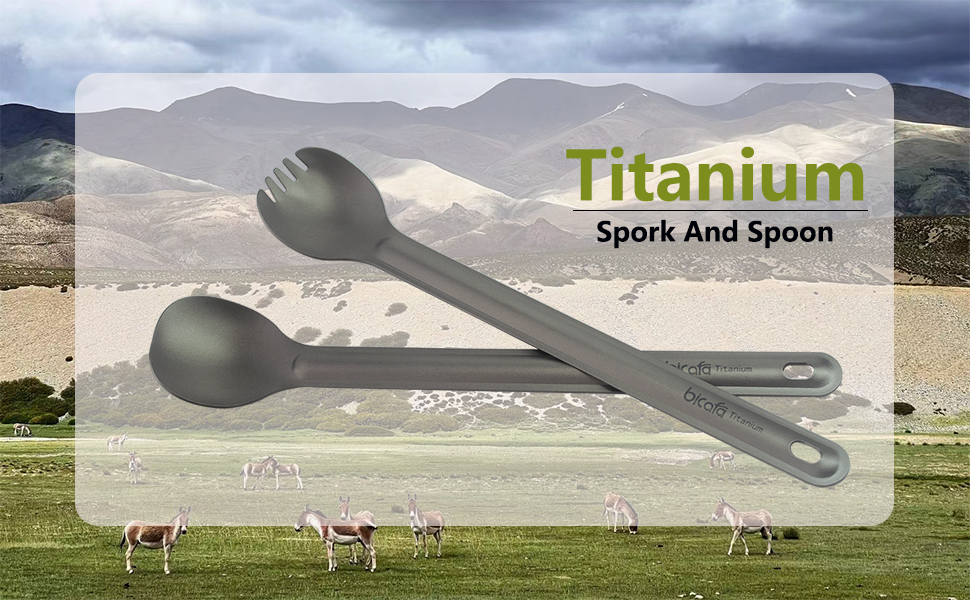 Bicafa Reusable Titanium Long Handle Fork and Spoon, 8.46
