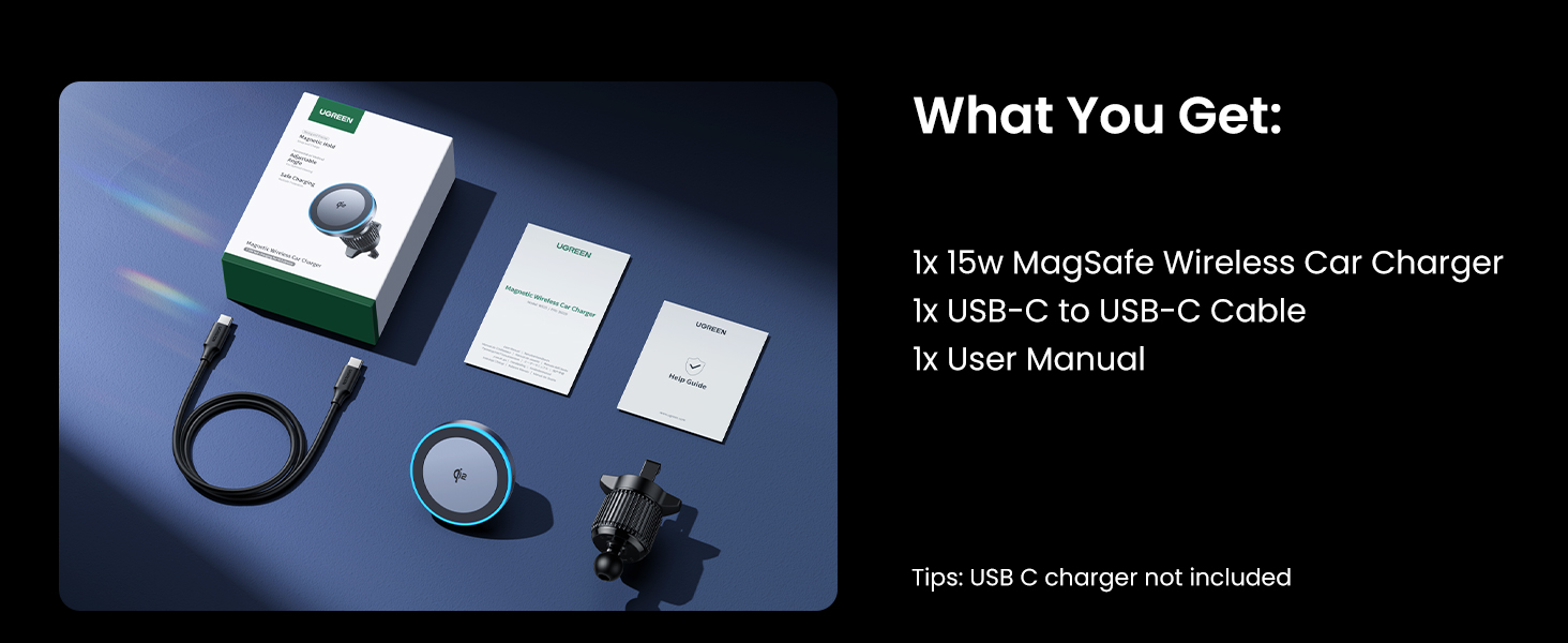 Product contents for a wireless car charger including the charger, USB-C cable, and user manual. Image shows charger, cable, and documentation.