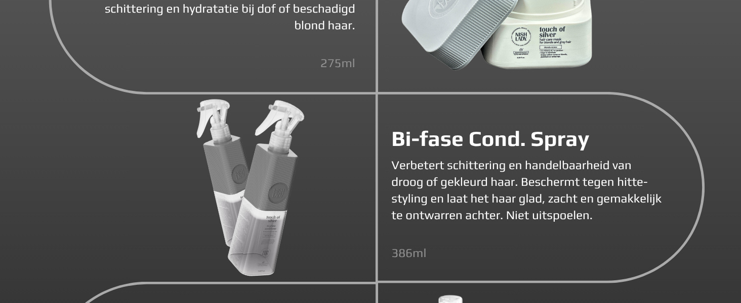 De tekst luidt 'Hi-Fan Cond. Sproei'. Productdiagram met het ontwerp van een spuitfles met twee sproeiers en technische specificaties.