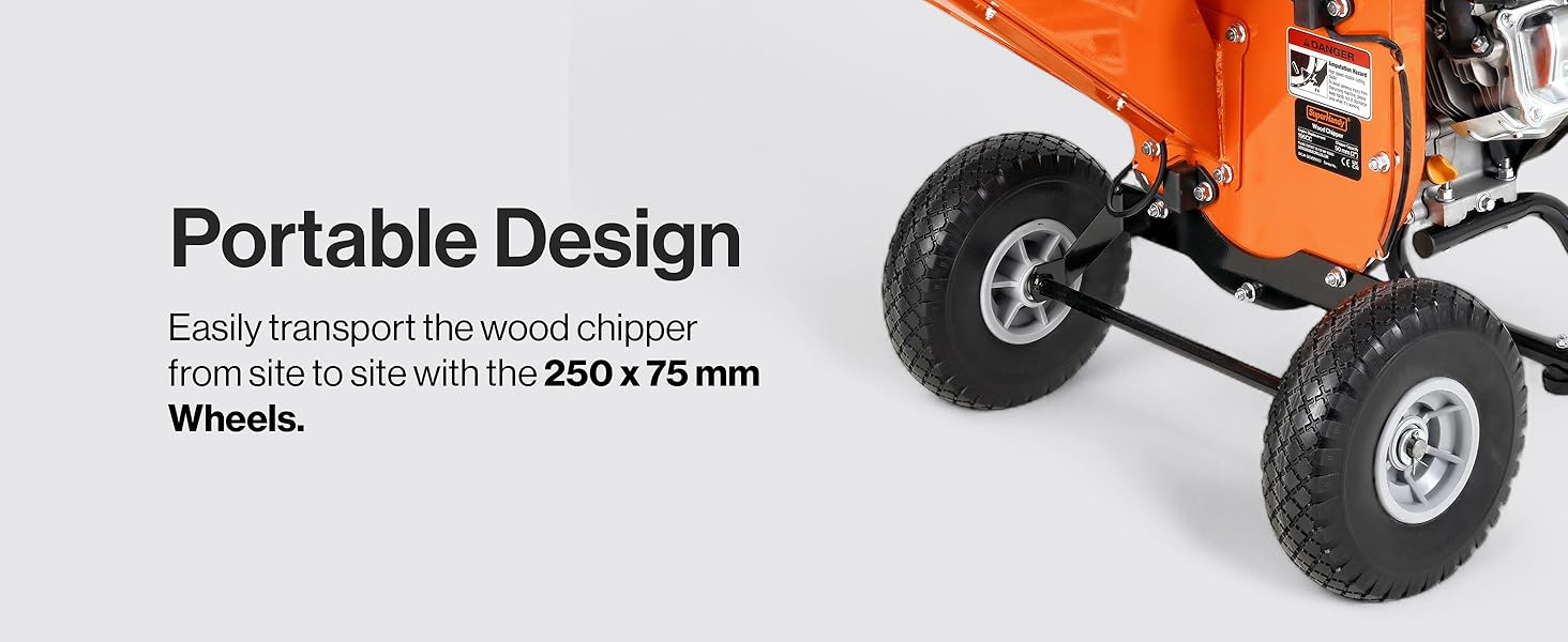 Text reads 'Portable Design' and 'Easily transport the wood chipper from site to site with the 250 x 75 mm Wheels.' Close-up of orange wood chipper with large black wheels.