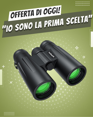 Binoculares negros con lentes verdes grandes sobre un fondo verde. El texto en italiano indica una oferta especial. El producto se muestra en una vista detallada de cerca