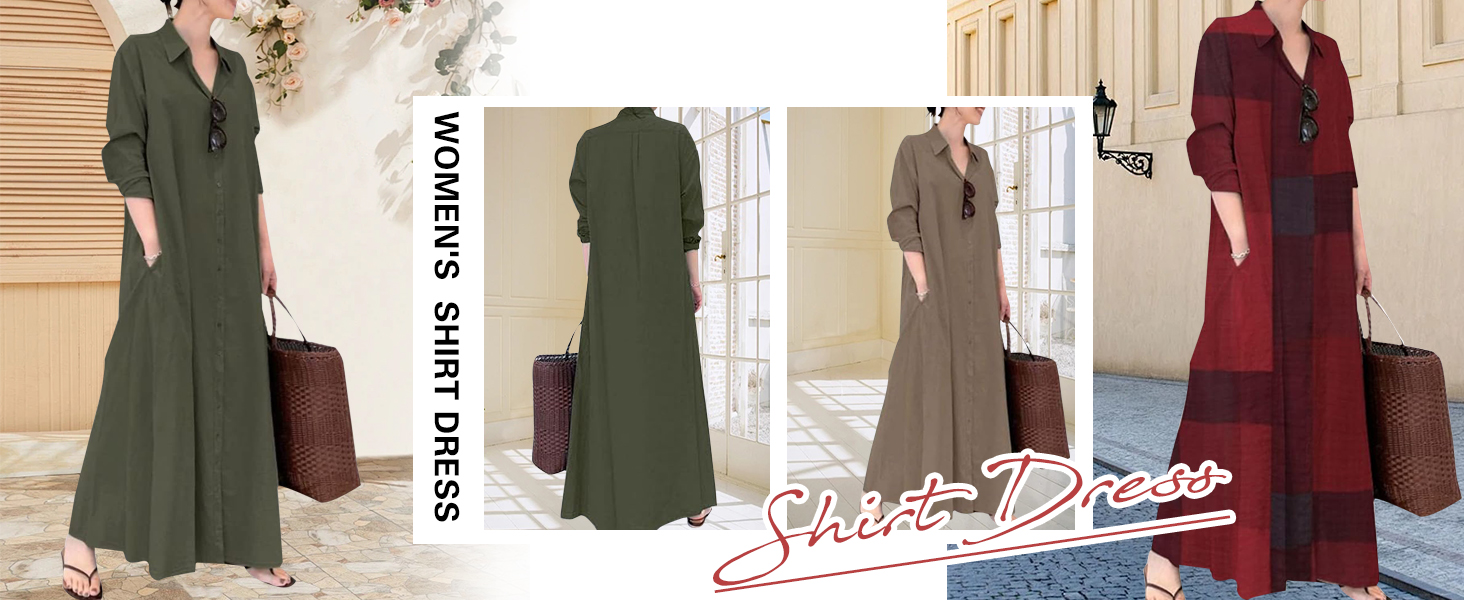 Women Trendy Rolled Up Sleeve Plus Size Shirt Dress Button Down Ankle Length