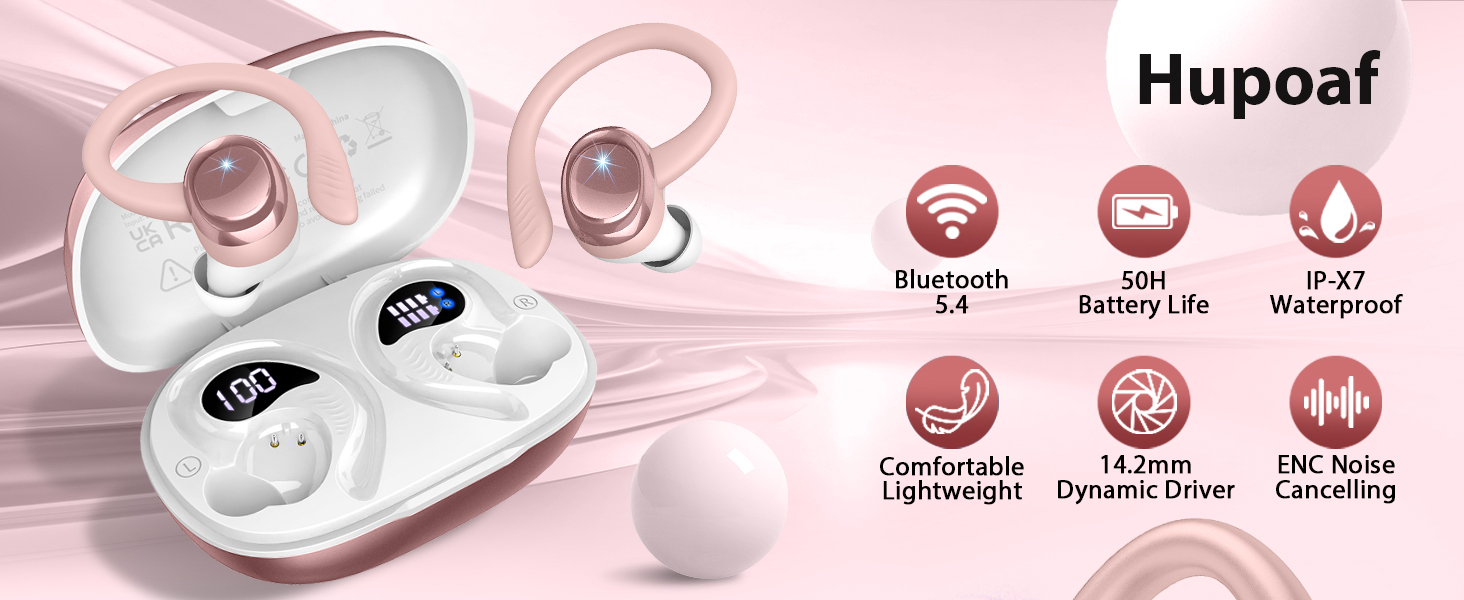 Wireless earbuds with charging case. Features include Bluetooth 5.4, 50H battery life, IPX7 waterproof rating, comfortable lightweight design, 14.2mm dynamic driver, and ENC noise cancelling.